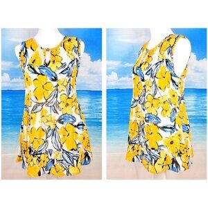 MELISSA PAGE Womans YELLOW and BLUE Top Floral Print Keyhole neck size Sm